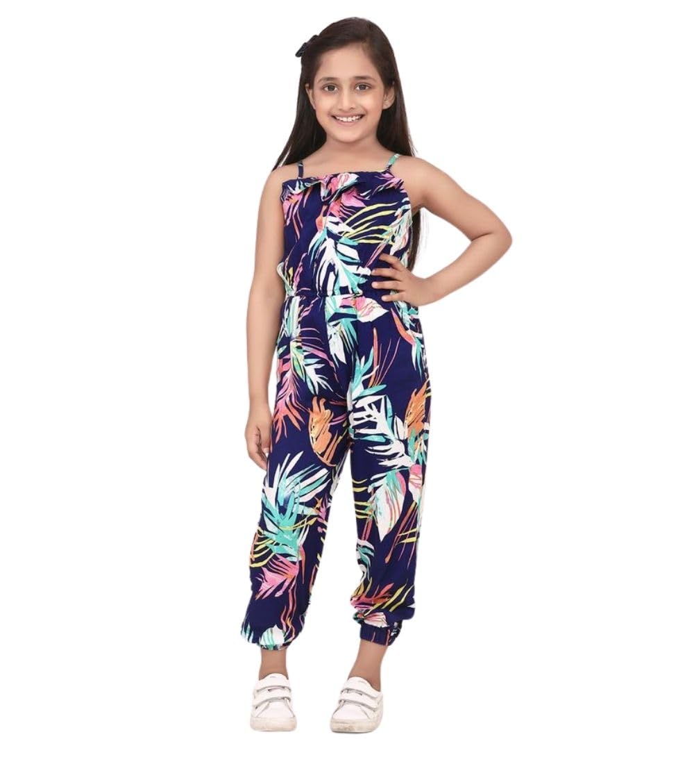 Girl's Rayon Printed Sleeveless Jumpsuit (Blue-Multicolor, 6-7-Yrs)-PID66084
