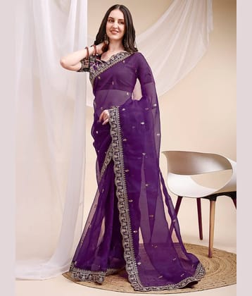KV Fashion Organza Embroidered Regular Saree With Unstitched Blouse Piece ( Purple )