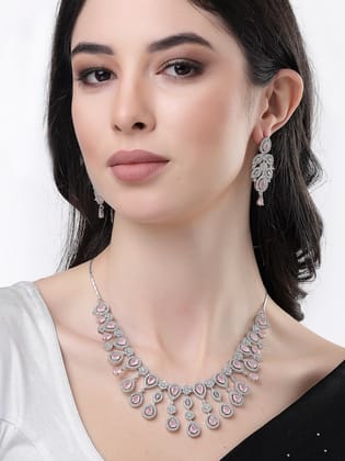 NVR women silver plated & Pink CZ stone handcrafted jewellery set-Onesize / Silver / Brass
