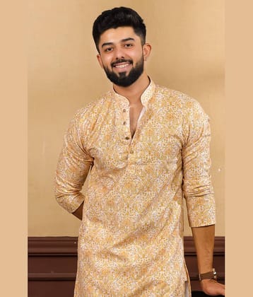 koshin Cotton Blend Printed Regular Kurta For Men ( Gold )