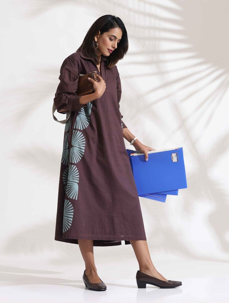 trueBrowns Cola Cotton Print A-line Dress - Brown (L)