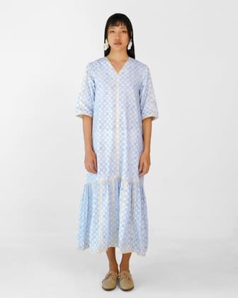 Blue Checks Applique Cotton Dress-XS