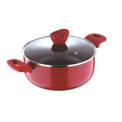 Bergner Bellini Plus 5 Layer Marble Non Stick Casserole with Glass Lid, 22 cm, 3.6 LTR, Induction Base, (PFOA Free), Red