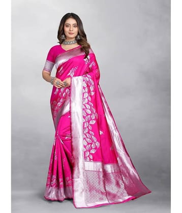 Gazal Fashions Banarasi Silk Embellished Saree With Unstitched Blouse Piece ( Navy Blue )