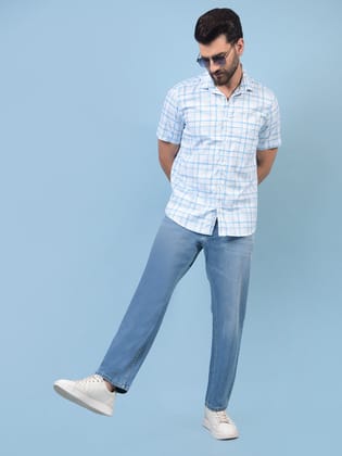 Blue Checked 100% Cotton Shirt-M / Blue