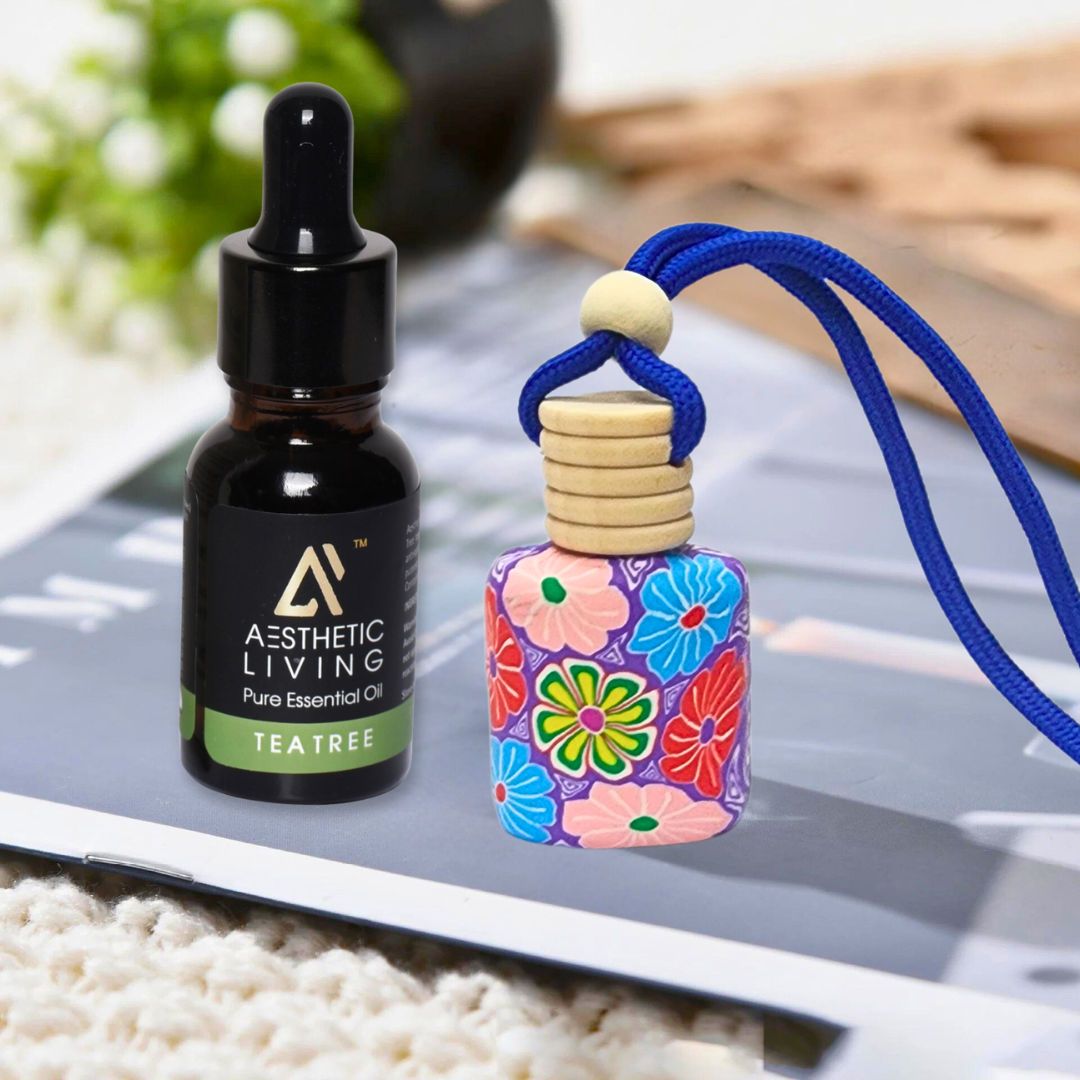 Aesthetic Living Floral Car Aromatizer/ Diffuser Bottle with Essential Oil (Multi Shape Floral-10 ml+ Tea Tree Essential Oil- 15 ml)