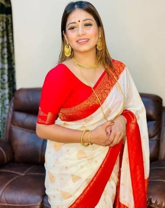 Women's Soft Lichi Silk Printed Saree With Unstitched Blouse 5.5Mtr (White)-PID63591