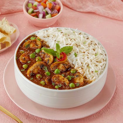 Mutter Mushroom Dhaba Masala Rice Bowl.