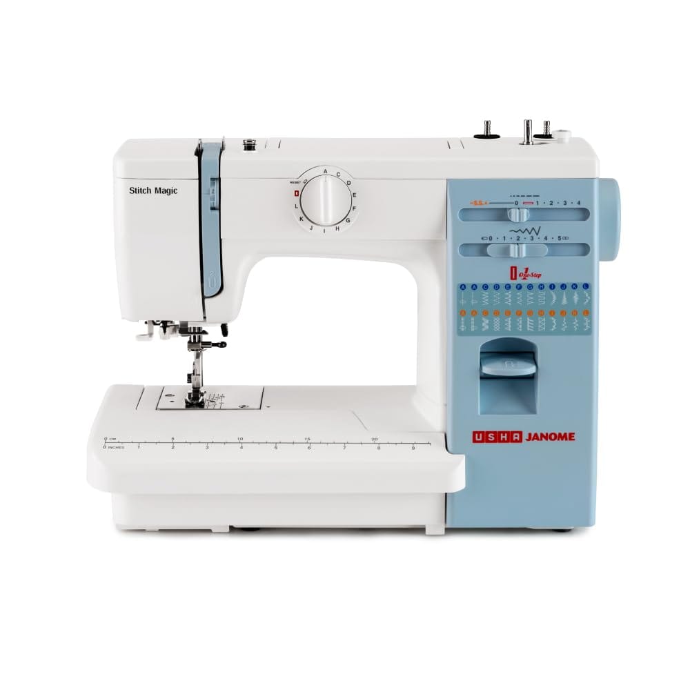 Usha Janome Automatic Stitch Magic Sewing Machine with 57 Stitch Function(White And Blue) Usha Janome Automatic Stitch Magic Sewing Machine with 57 Stitch Function(White And Blue) - White / 47x37.5x25 cm