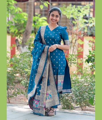 kedar fab Women Silk Self Design Straight Kurti With Pants ( Blue )