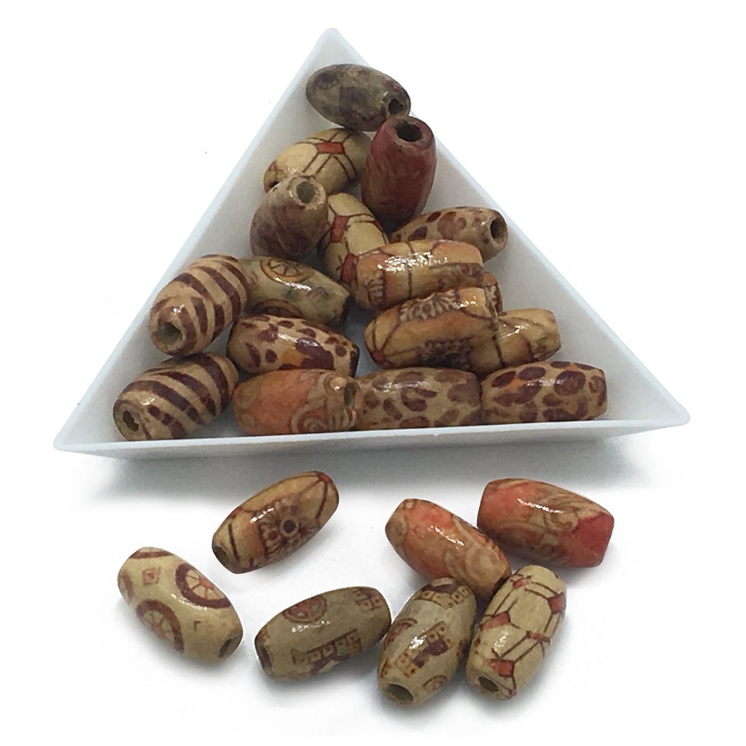 Wooden Beads Assorted Pattern 14x8mm Drum Multi-Color (75 Beads, 25 Grams)-Multi-Shade Mix / 75 Beads (25 Grams)