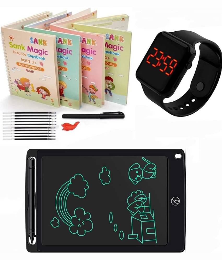 Combo Of 3 Pack - Sank Magic Practice Copy book & LCD Writing Tablet slate & Stylish Digital Black Display Square LED Watch Multicolor By Vinay Book Store