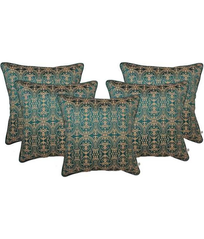 Zubix Blue & Golden Polyester Cushion Covers Set Of 5