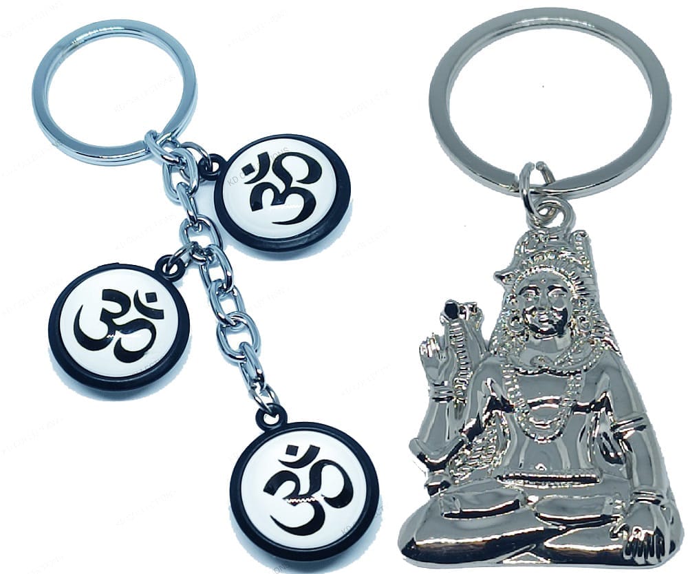 KD COLLECTIONS Lord Shankar Bholenath Mahadev Mahakaal Adiyogi Shiv Keychain & Om Keychain Combo – White Silver - Pack of 2 Keychains
