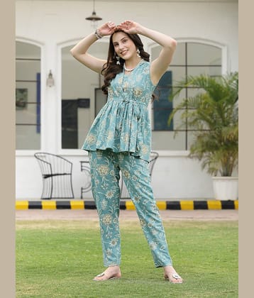 Stylum Women Printed Top With Trousers Co-Ord Set ( Blue )