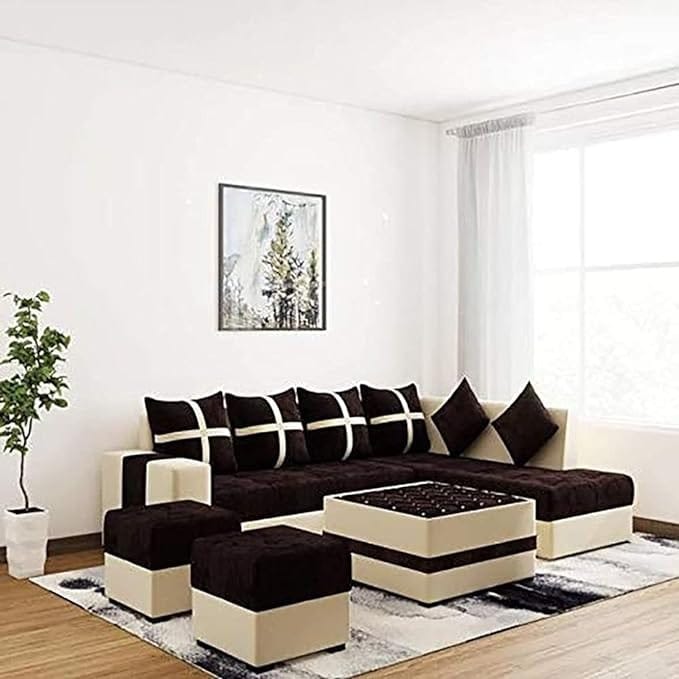 Starlet Furniture L Shape 8 Seater Sectional Fabric Sofa Set with Center Table and 2 Puffy Living Room (Left Side, Brown)