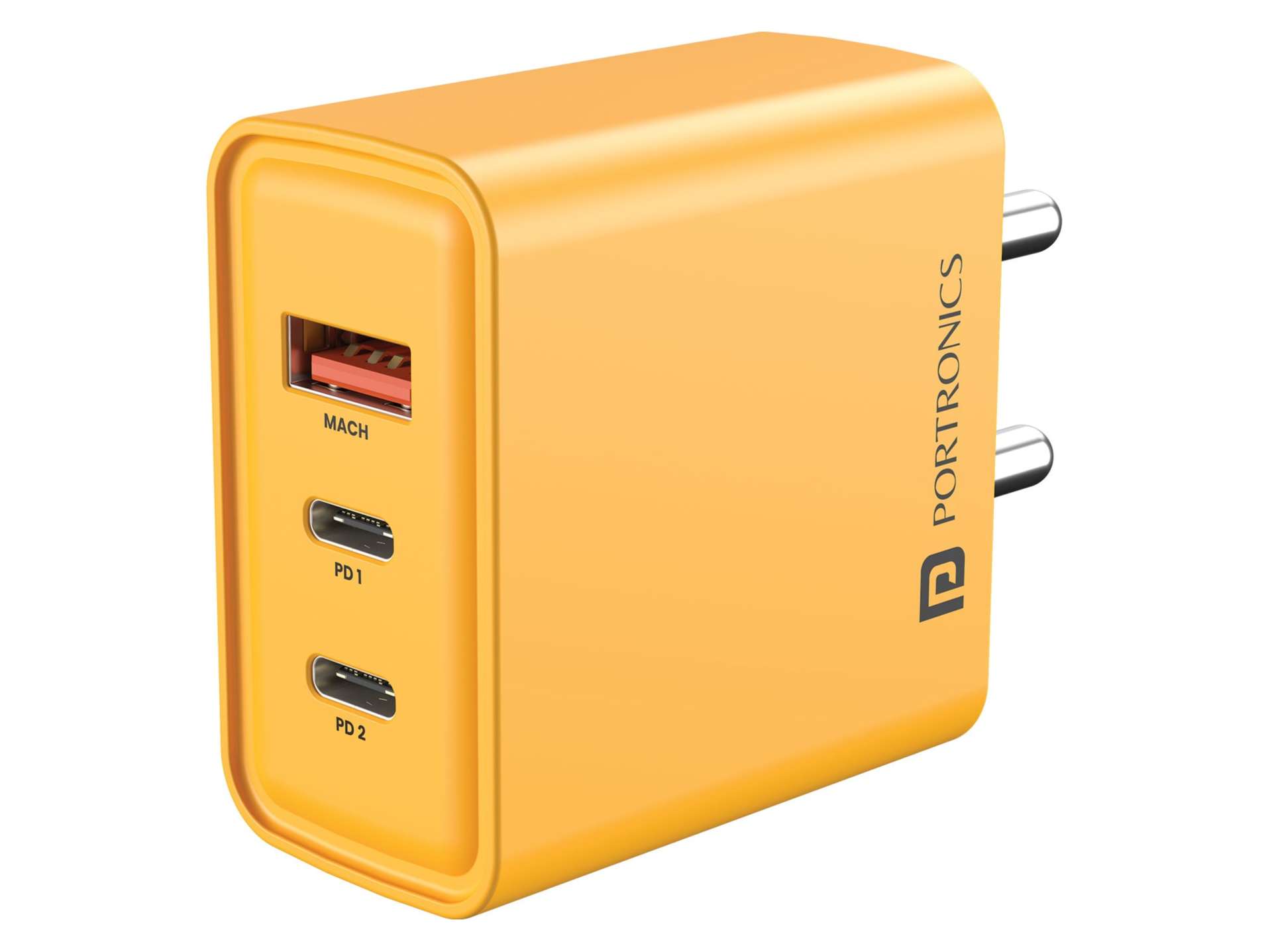 Portronics Adapto 65M 2 X Type C PD Port , 1 X USB-A Port, 65W Laptop Charging, GaN Technology, PPS technology - Yellow