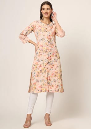 Pink Floral Printed Cotton A-Line Fold Sleeve Kurta-7XL