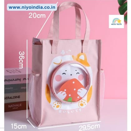 Cute Kawai Tote Handbag With Pocket-Pink