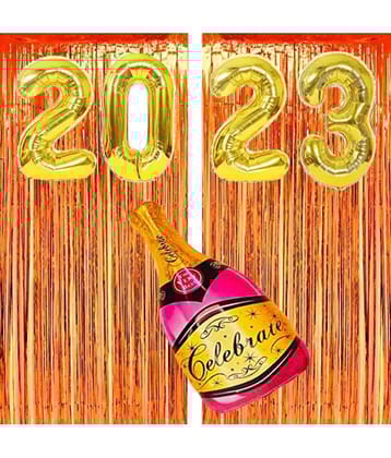 Kiran Enterprises Foil Number-2023 ( Gold ) +2 pcs Fringe Curtain + Foil Balloon Bottle ( Green,Gold )