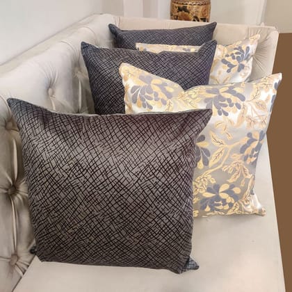 White Grey Damask / Self Design / Woven Floral Motifs Zipper Square Combo Cushion Covers (12x12 inch or 30 x 30 cm) Set of 5