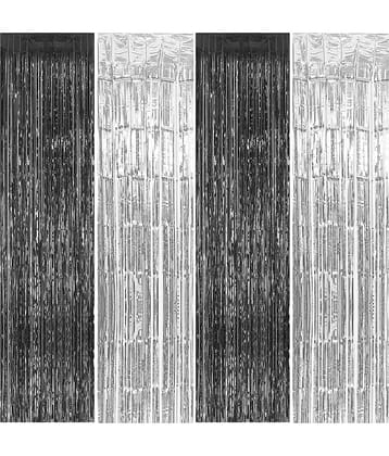 Kiran Enterprises 4 pc. Foil Fringe Curtain ( Black, Silver )
