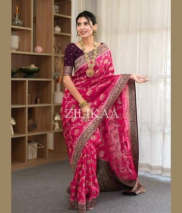 fab woven Art Silk Woven Design Banarasi saree With Unstitched Blouse Piece ( Fluorescent Pink )