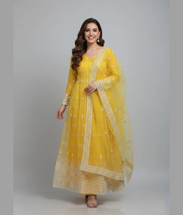 KV Fashion Women's Net Semi Stitched Flared Ethnic Gown With Dupatta