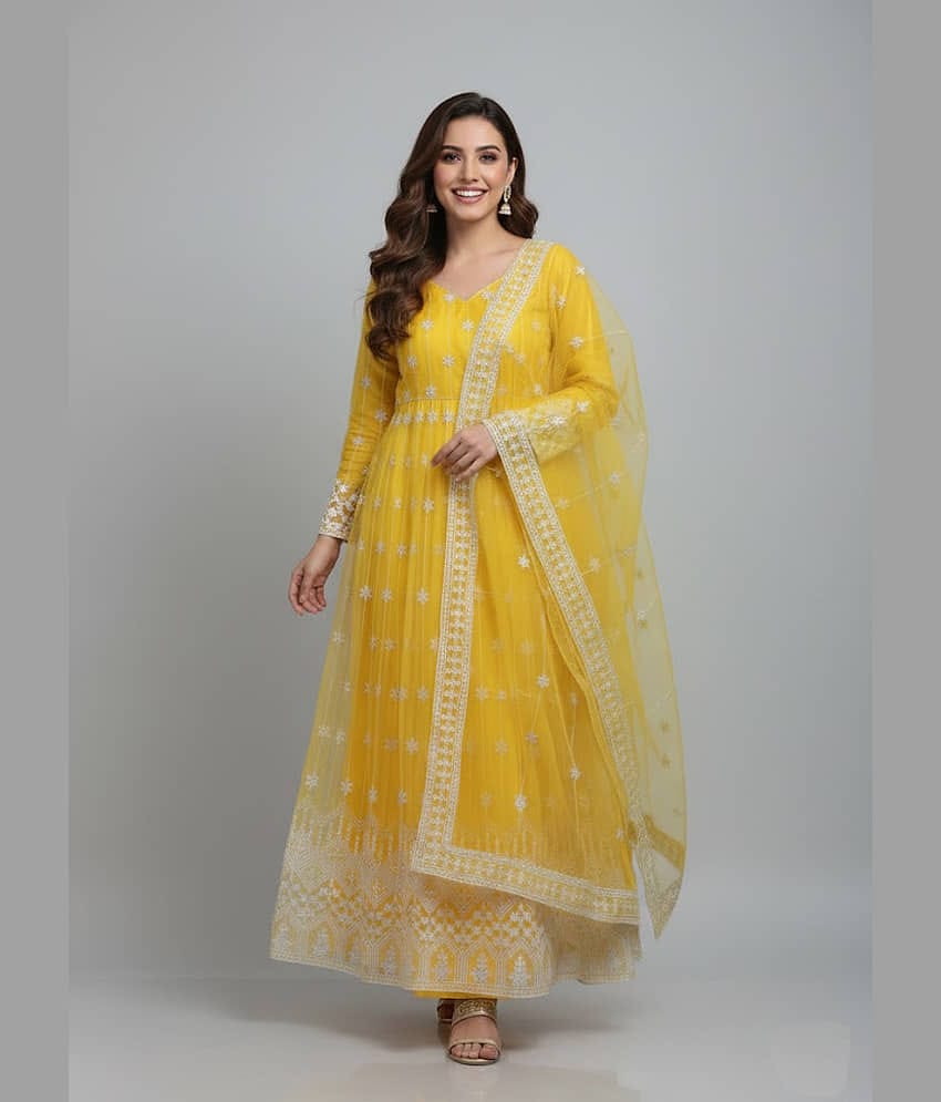 KV Fashion Women's Net Semi Stitched Flared Ethnic Gown With Dupatta