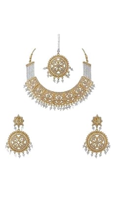 Traditional Gold Plated Necklace Set with White Pearl Drops, Choker Style with Maang Tikka and Earrings, Complete Bridal Jewellery, 4 Pieces