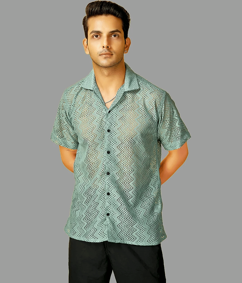 HARPITA Cotton Blend Oversized Fit Self Design Half Sleeves Men's Casual Shirt - Olive ( Pack of 1 )