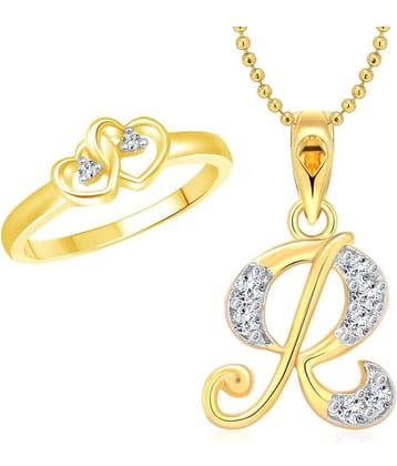 Vighnaharta Dual Heart Ring with Initial ''R'' Letter Pendant Gold Plated Jewellery Combo