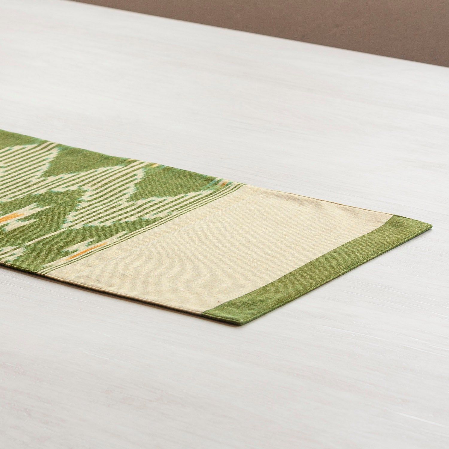 Cotton Ikat Table Runner - 13 x 58-13 Inches x 58 Inches / Green & Lemon Yellow / Handloom Cotton