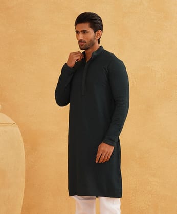 Men's Cotton Embroidered Thread Work Bottle Green Kurta-36