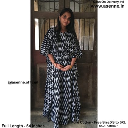 Kaftan Black ZigZag - Maternity - Feeding Zips -  Free Size - Cotton Cambric-with 2 feeding zip kaftan