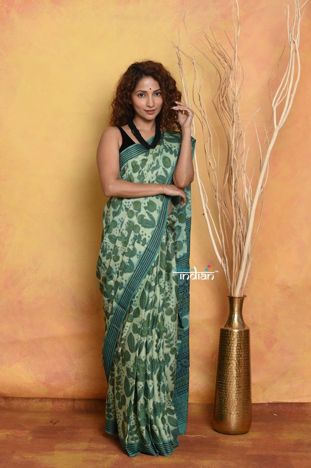 Mastaani ~ Natural Dyes Modal Silk Saree With Handblock Prints - Sea Green