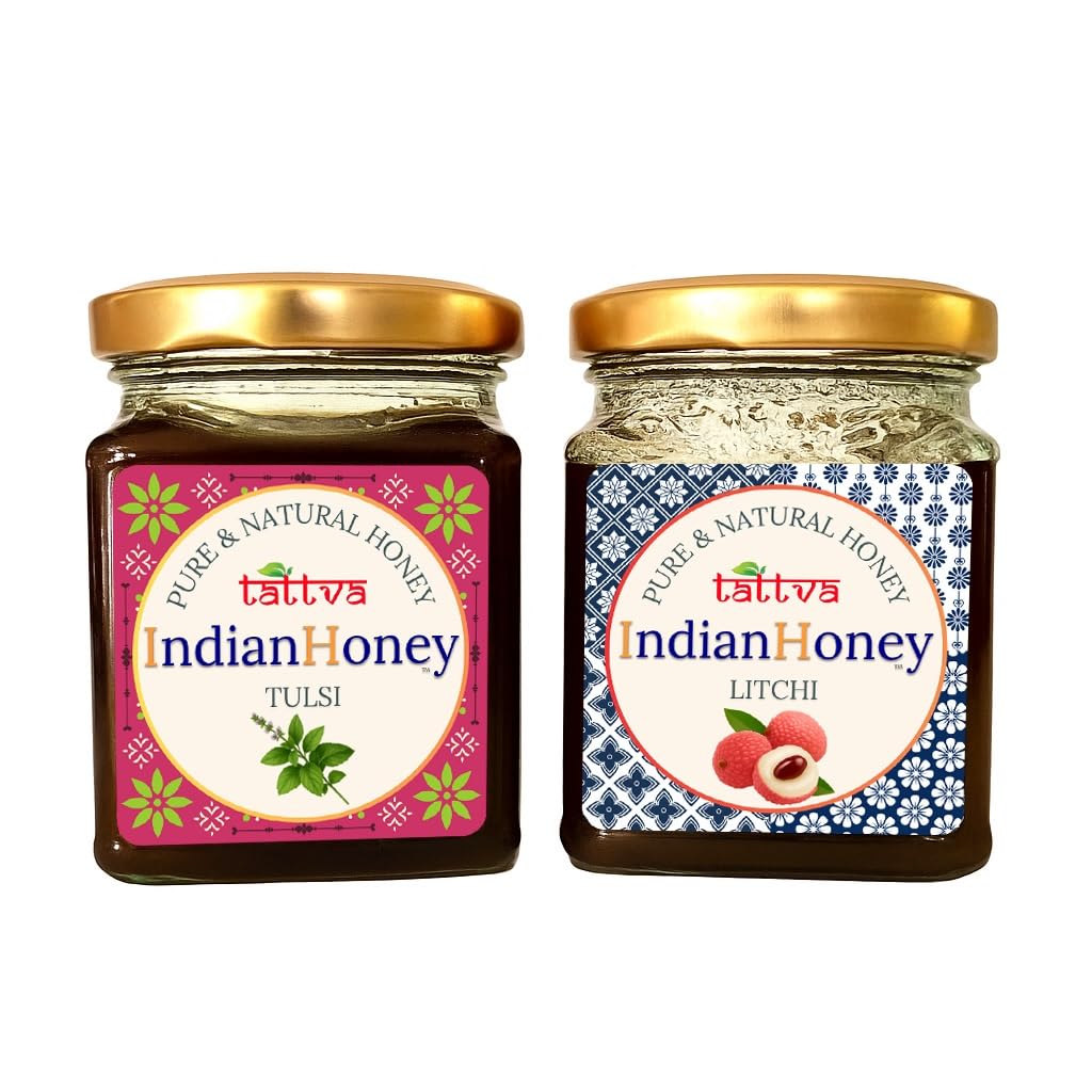 IndianHoney Buttery & Cognitive-Boosting Litchi Honey & Ayurvedic & Stress-Relief Tulsi Infused Honey Combo Pack (230gm & 230gm)