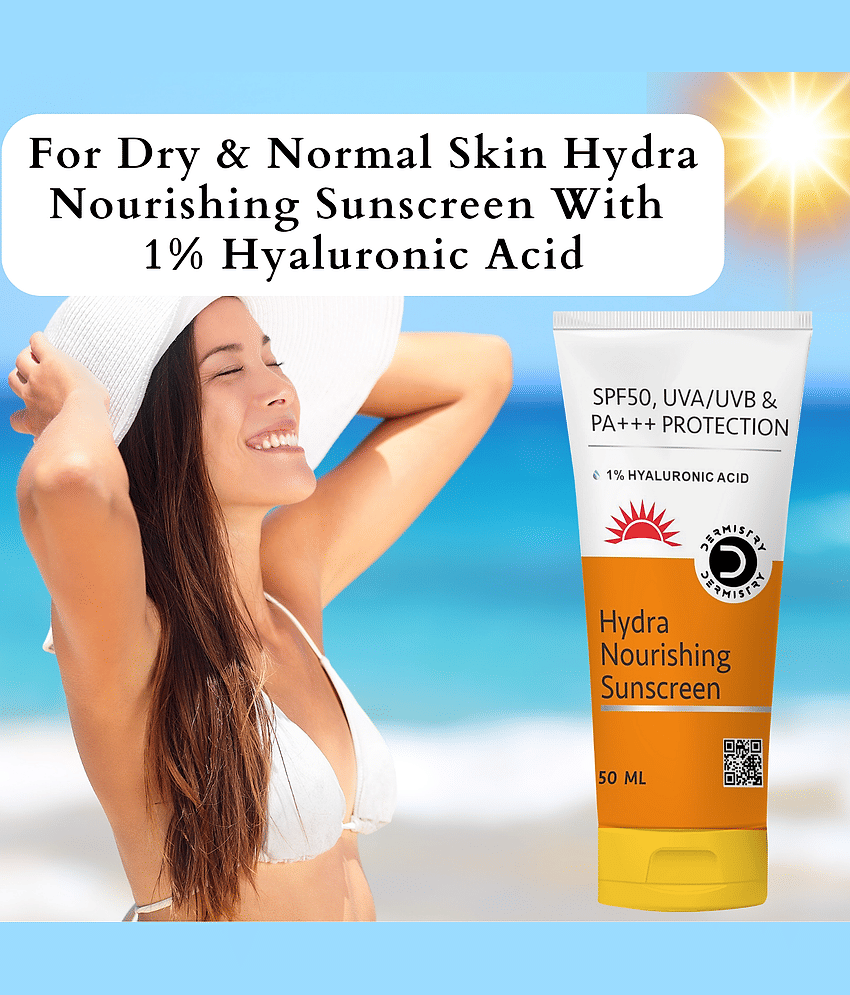 Dermistry 1% Hyaluronic Acid Hydra Nourishing Anti-Pollution Sunscreen Aqua Gel for Dry Skin SPF 50 UVA UVB PA+++ Sun Protection-50ml