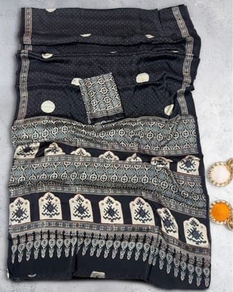 Heritage Hues Modal Silk Ajrakh Saree Sharp Black
