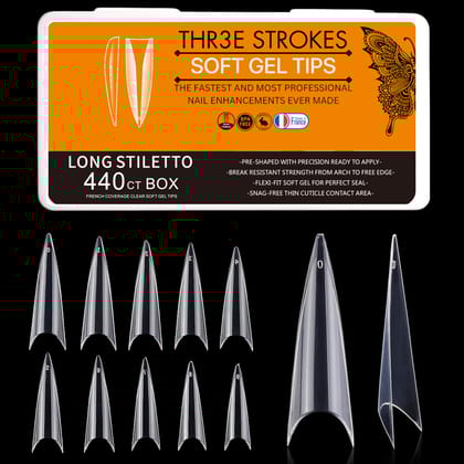 THR3E STROKES Soft Gel NailTips, Full Cover Clear Soft Nail Tips for Artificial False Nails Extension Nail Salons DIY NailArt with Box, 440PCS (LONG STILETTO N2) THR3E STROKES Soft Gel NailTips, Full Cover Clear Soft Nail Tips for Artificial False Nails 