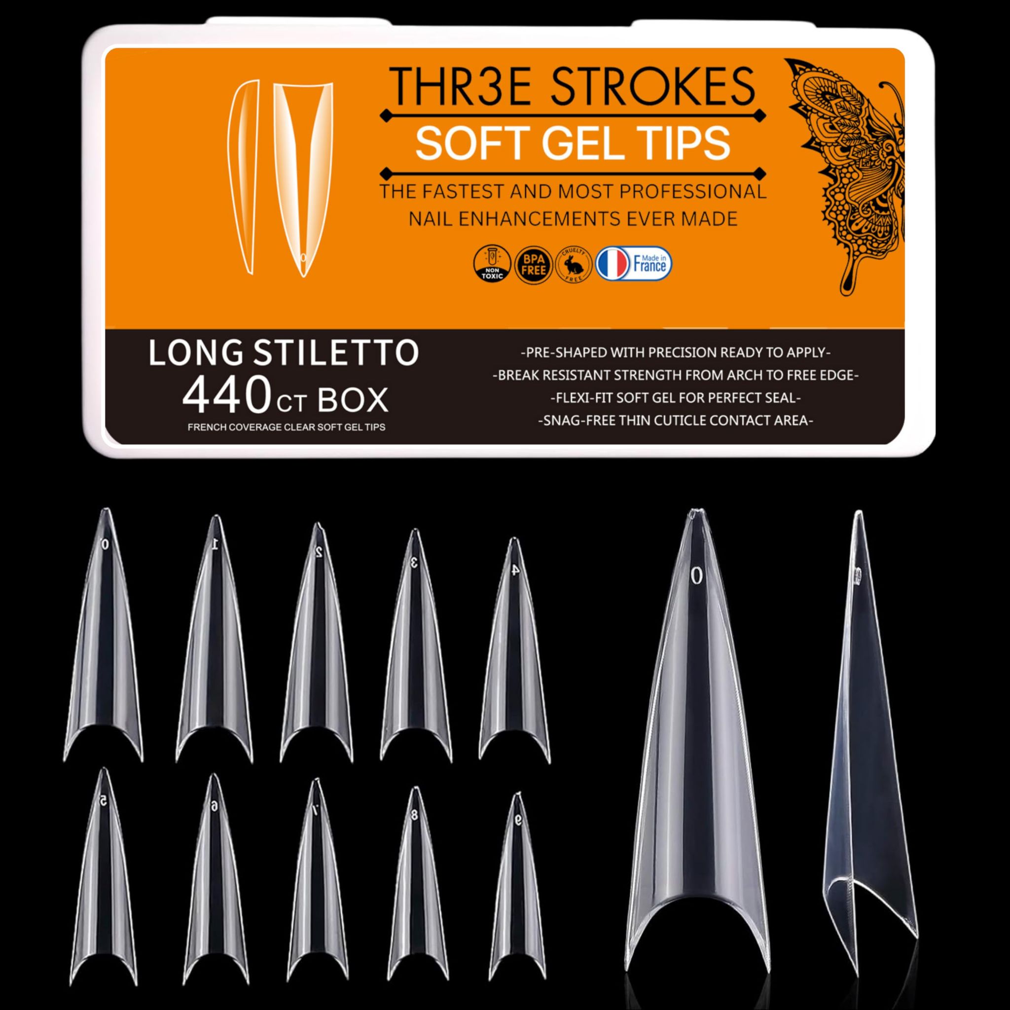 THR3E STROKES Soft Gel NailTips, Full Cover Clear Soft Nail Tips for Artificial False Nails Extension Nail Salons DIY NailArt with Box, 440PCS (LONG STILETTO N2) THR3E STROKES Soft Gel NailTips, Full Cover Clear Soft Nail Tips for Artificial False Nails