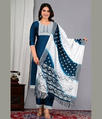 EXPORTHOUSE Women Silk Blend Embroidered Straight Kurti With Pants ( Blue )