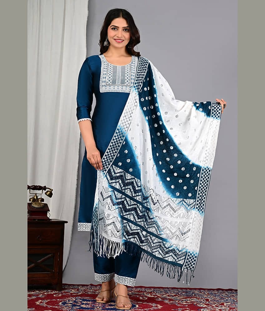 EXPORTHOUSE Women Silk Blend Embroidered Straight Kurti With Pants ( Blue )