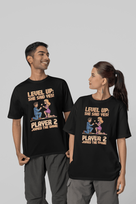 Level Up – She Said Yes T-Shirt  - Round Neck Drop Shoulder Graphic Printed Oversized Cotton T-shirt-S / Male / Black