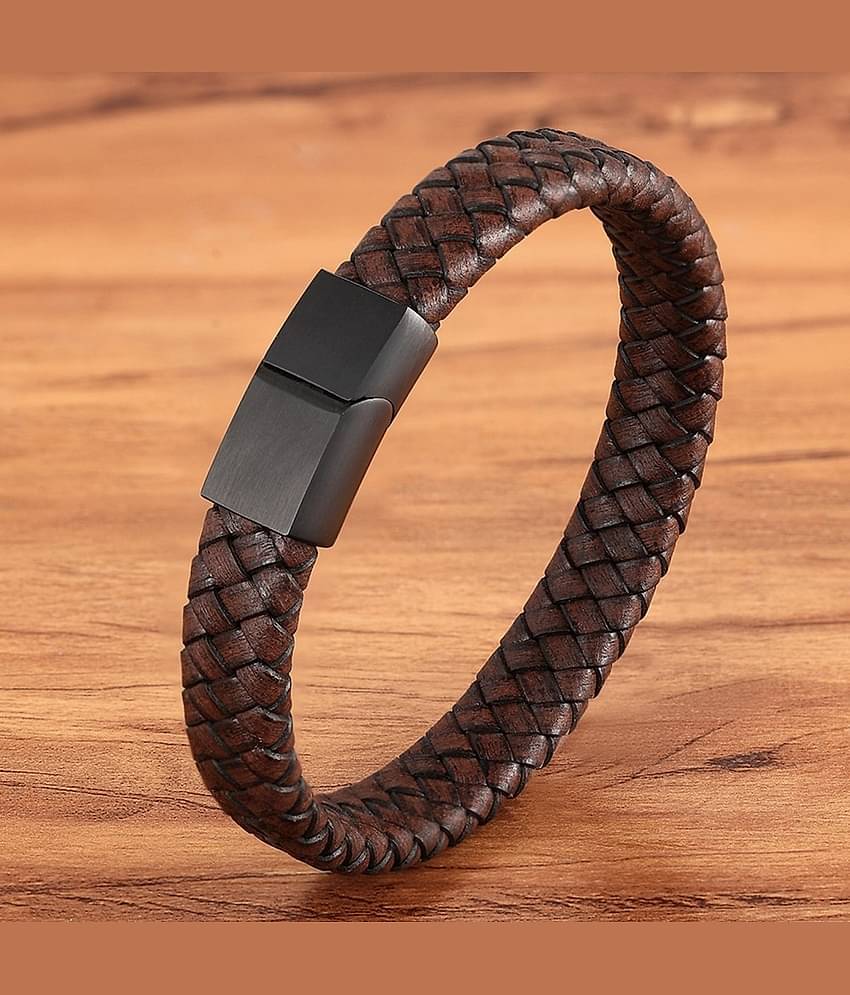 ZIVOM® Braided High Quality Genuine Dark Brown Leather Black 316L Surgical Stainless Steel Wrist Band Strap Bracelet For Boys Men