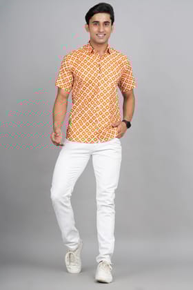 Mandarin Magic: Jaipuri Block Printed Shirt-S / Orange / 100% Cotton