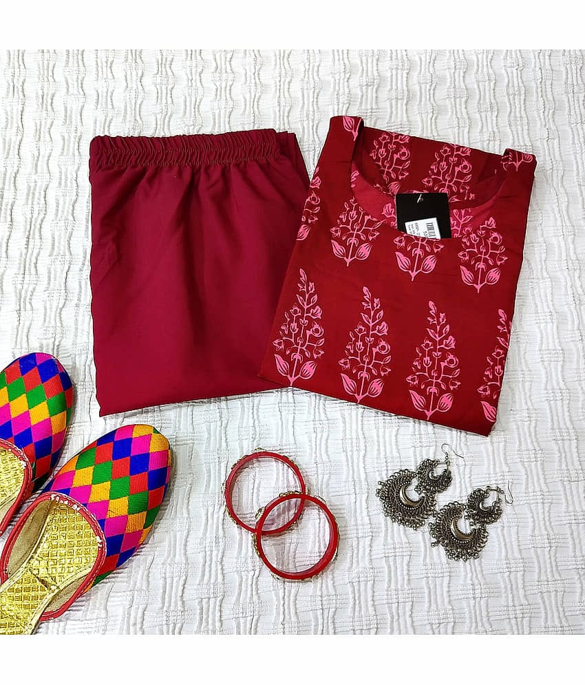 Ethnicbasket Crepe Printed Kurti With Pants Women's Stitched Salwar Suit - Red ( Pack of 1 )