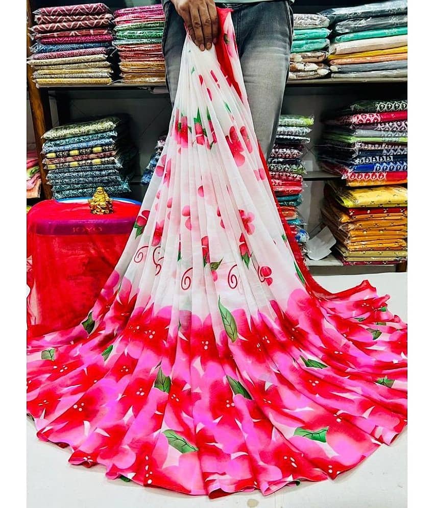 Bhuwal Fashion Georgette Printed Saree With Unstitched Blouse Piece ( Magenta )