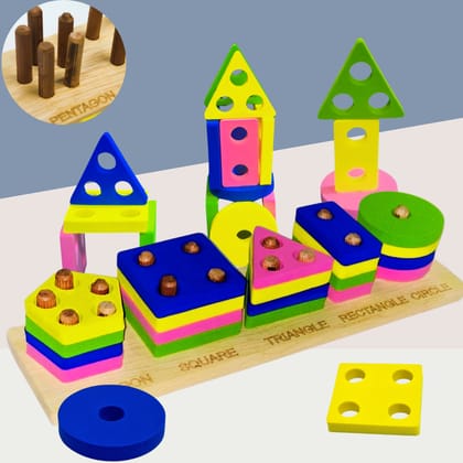 TOYJOS Kids Wooden Pattern Block Educational Toy Set | Angle Geometric Shape Sorter and Stacking Learning Puzzle Games | Birthday Gifts for Preschoolers, Boys and Girls (Multicolor, Ages 1-5 Years)