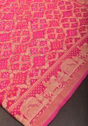 Pink Color Authentic Bandhej on Shikaargah Peacock Jaal Pure Silk Georgette Banarasi Saree with Royal Procession | SILK MARK CERTIFIED